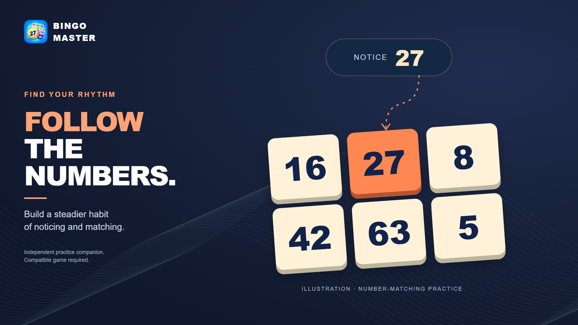 Bingo Master promotional illustration with the matching number 27 highlighted among number tiles.